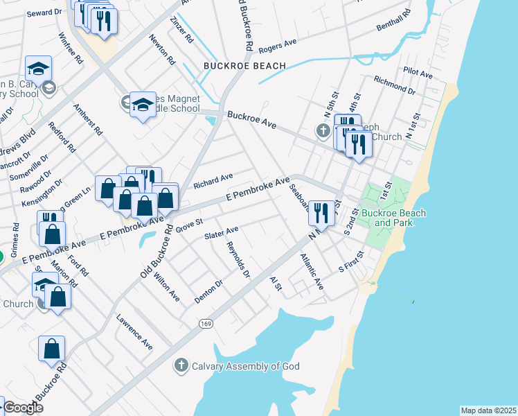 map of restaurants, bars, coffee shops, grocery stores, and more near 709 Grove Street in Hampton