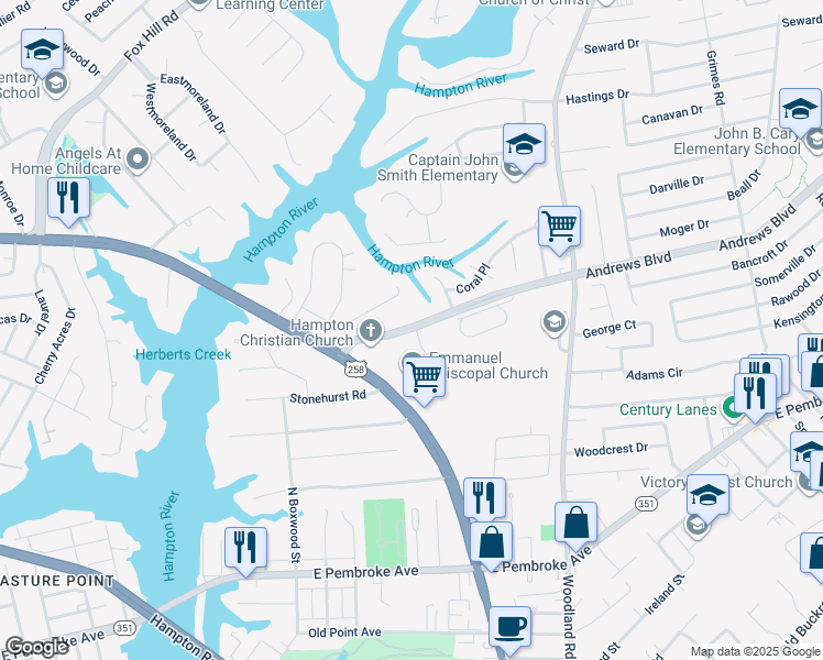 map of restaurants, bars, coffee shops, grocery stores, and more near 2 Pirates Cove in Hampton