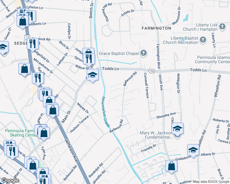 map of restaurants, bars, coffee shops, grocery stores, and more near 7 Ironwood Way in Hampton