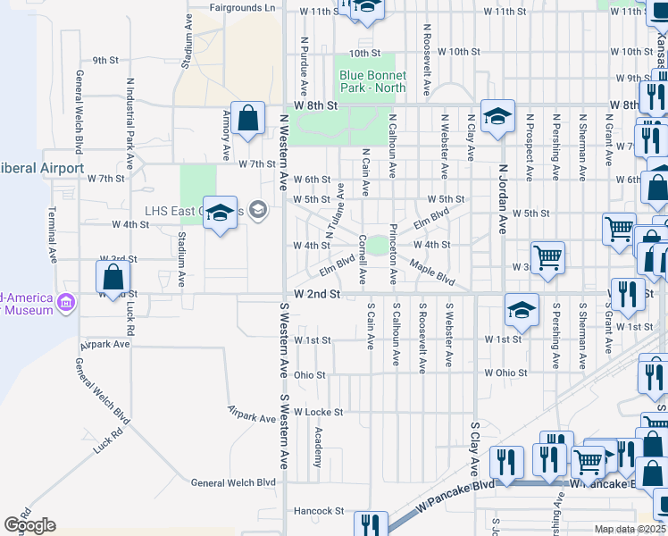map of restaurants, bars, coffee shops, grocery stores, and more near 301 North Tulane Avenue in Liberal