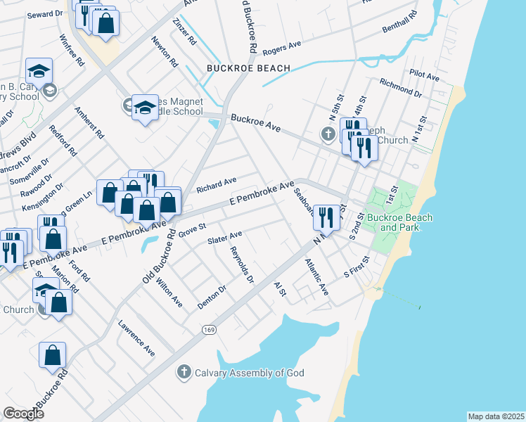 map of restaurants, bars, coffee shops, grocery stores, and more near 709 Grove Street in Hampton