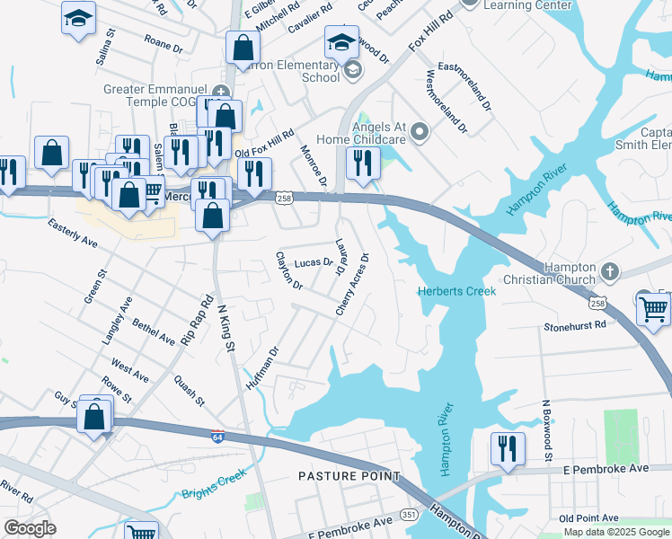 map of restaurants, bars, coffee shops, grocery stores, and more near 35 Laurel Drive in Hampton
