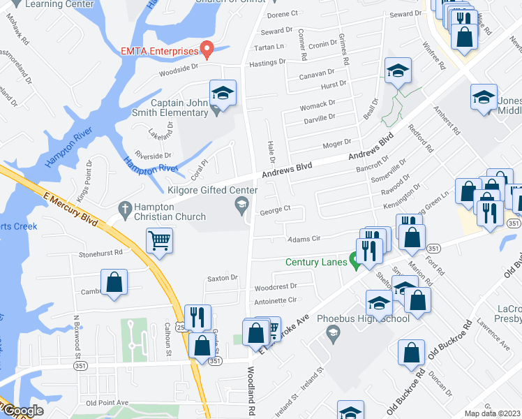 map of restaurants, bars, coffee shops, grocery stores, and more near 58 George Court in Hampton