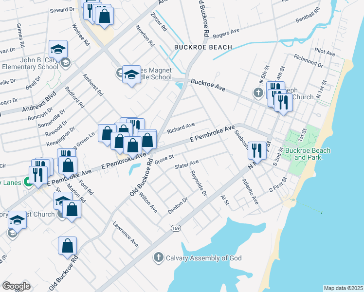map of restaurants, bars, coffee shops, grocery stores, and more near 2023 East Pembroke Avenue in Hampton