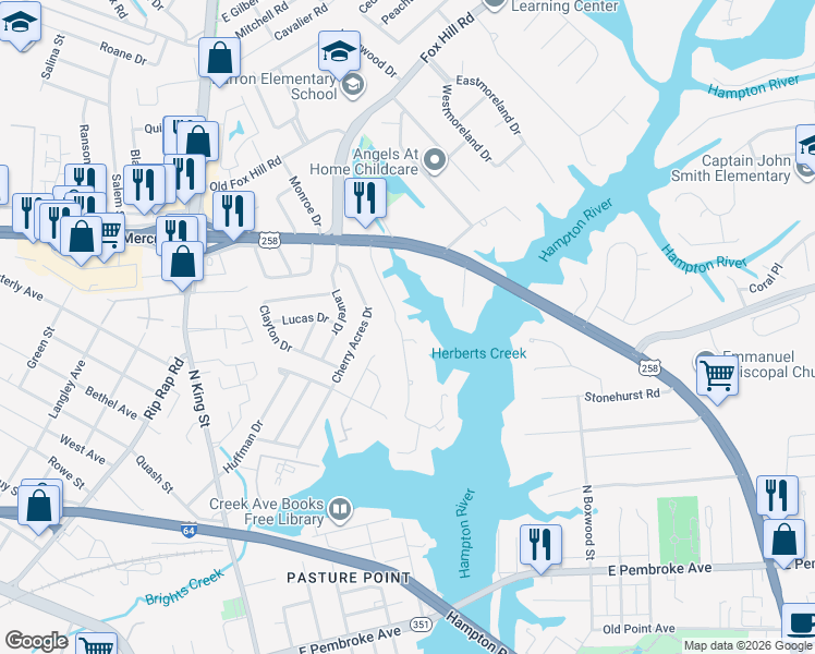 map of restaurants, bars, coffee shops, grocery stores, and more near 19 Pine Cone Drive in Hampton