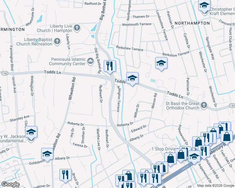 map of restaurants, bars, coffee shops, grocery stores, and more near 820 Arlington Terrace in Hampton
