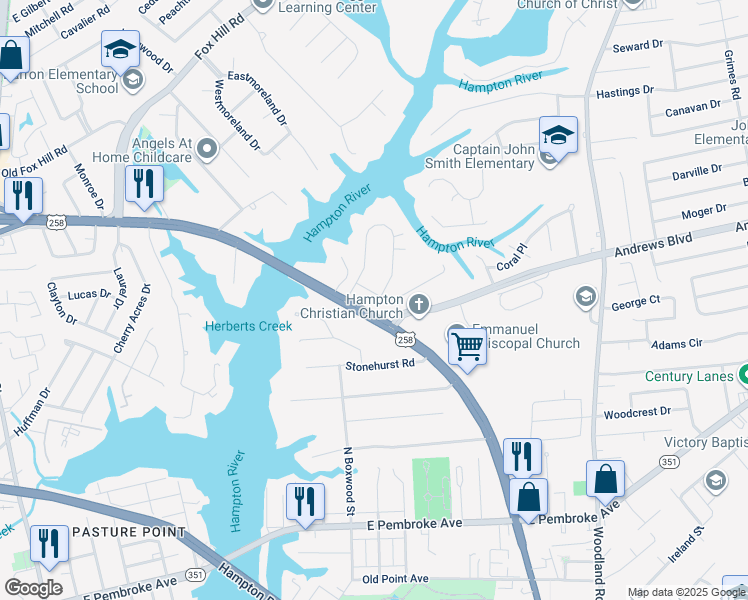 map of restaurants, bars, coffee shops, grocery stores, and more near 8 Kings Landing Lane in Hampton