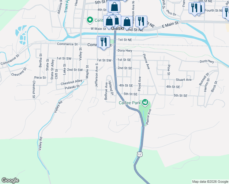 map of restaurants, bars, coffee shops, grocery stores, and more near 411 S Washington Ave in Pulaski