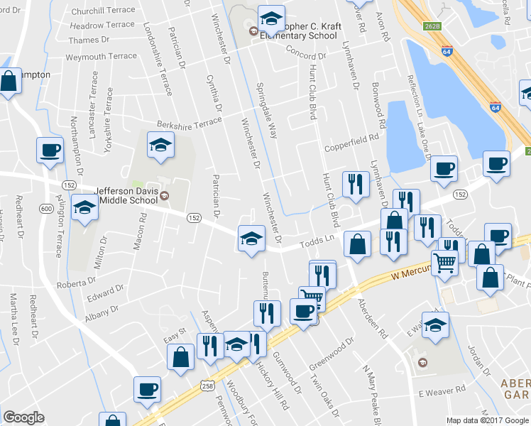 map of restaurants, bars, coffee shops, grocery stores, and more near 113 Winchester Drive in Hampton
