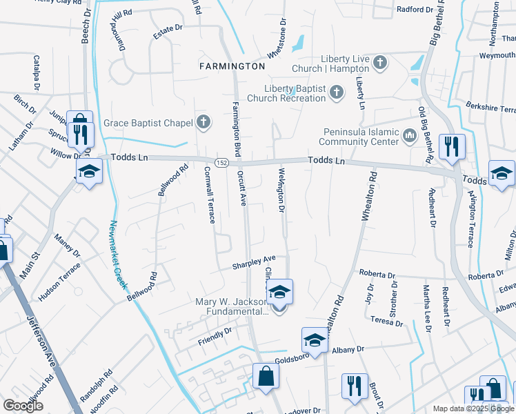 map of restaurants, bars, coffee shops, grocery stores, and more near 12 Barrington Place in Hampton