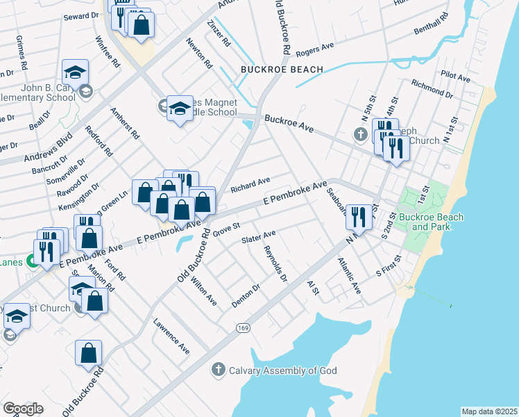 map of restaurants, bars, coffee shops, grocery stores, and more near 2023 East Pembroke Avenue in Hampton