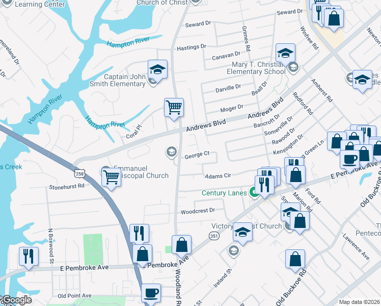 map of restaurants, bars, coffee shops, grocery stores, and more near 9 Samantha Court in Hampton