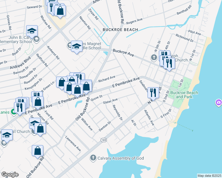 map of restaurants, bars, coffee shops, grocery stores, and more near 2023 East Pembroke Avenue in Hampton