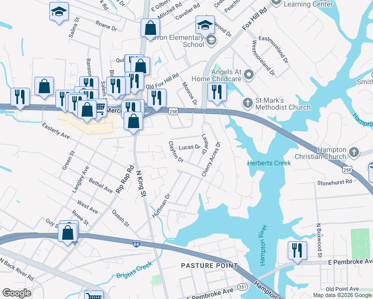 map of restaurants, bars, coffee shops, grocery stores, and more near 19 Lucas Drive in Hampton