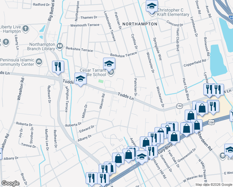 map of restaurants, bars, coffee shops, grocery stores, and more near 1461 Todds Lane in Hampton