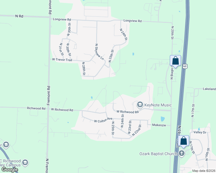 map of restaurants, bars, coffee shops, grocery stores, and more near 2506 North Skyview Lane in Ozark