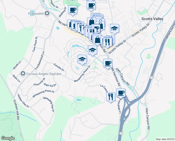 map of restaurants, bars, coffee shops, grocery stores, and more near 26 Shadow Court in Scotts Valley
