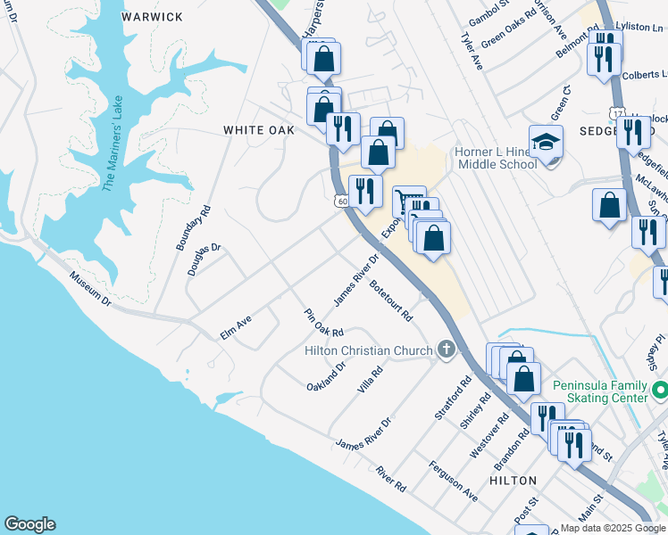 map of restaurants, bars, coffee shops, grocery stores, and more near 54 Elm Avenue in Newport News
