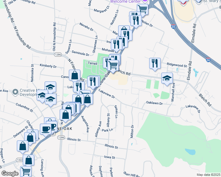 map of restaurants, bars, coffee shops, grocery stores, and more near 133 Glenn Street in Paducah