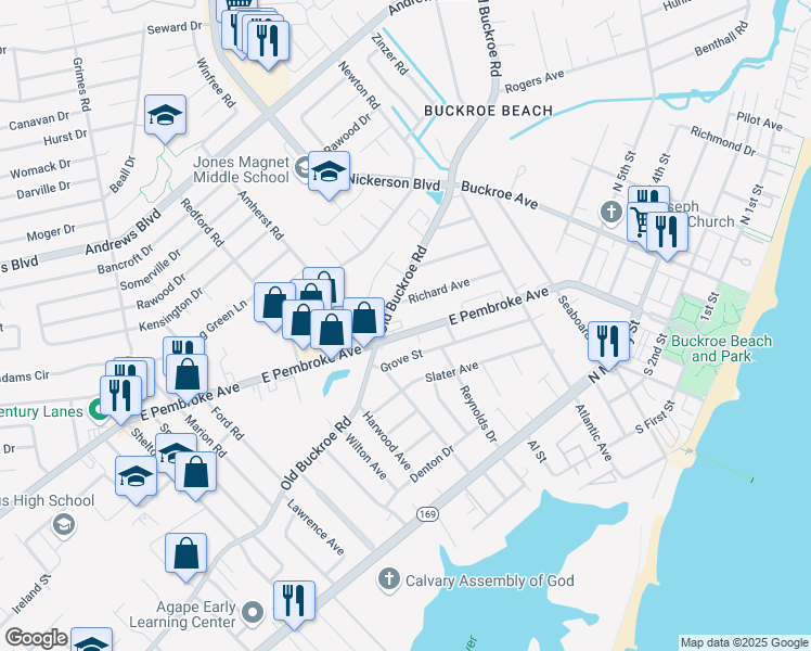 map of restaurants, bars, coffee shops, grocery stores, and more near 2009 East Pembroke Avenue in Hampton