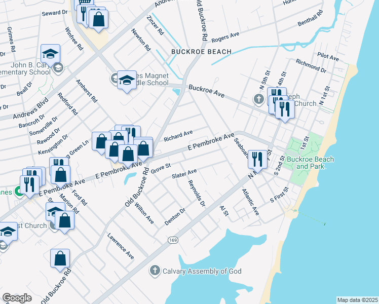 map of restaurants, bars, coffee shops, grocery stores, and more near 2104 East Pembroke Avenue in Hampton
