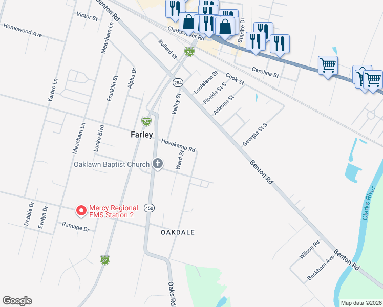 map of restaurants, bars, coffee shops, grocery stores, and more near 3501-3599 Hovekamp Rd in Paducah