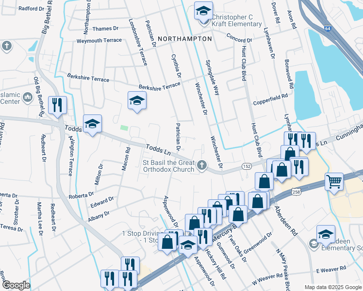 map of restaurants, bars, coffee shops, grocery stores, and more near 1 Marie Circle in Hampton