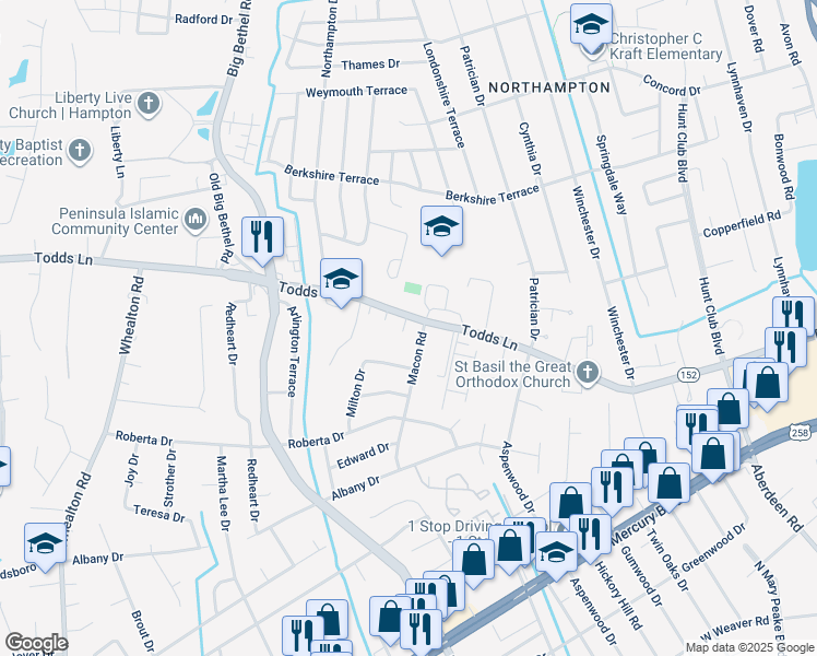 map of restaurants, bars, coffee shops, grocery stores, and more near 725 Macon Road in Hampton