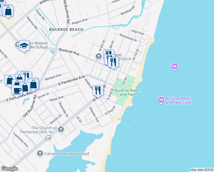 map of restaurants, bars, coffee shops, grocery stores, and more near 1821 North Mallory Street in Hampton
