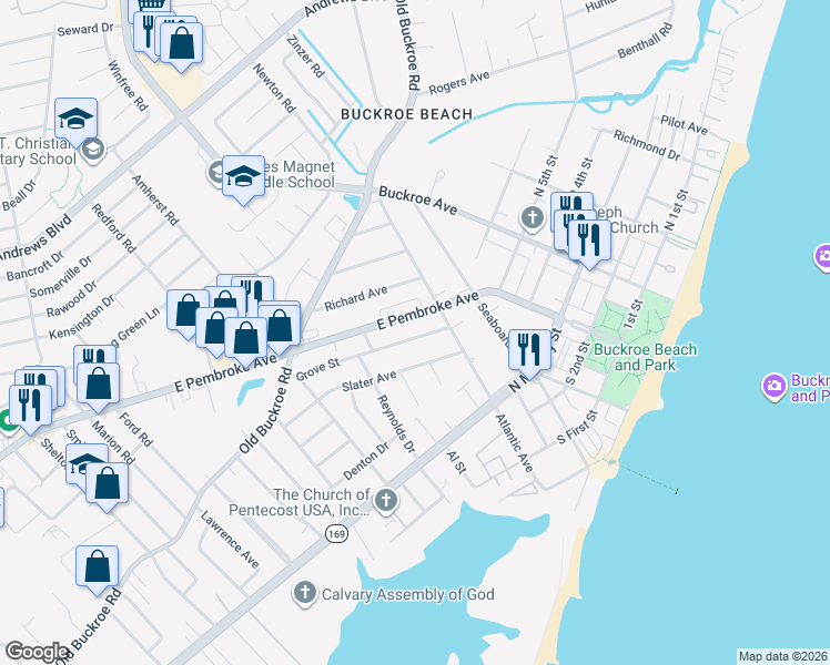 map of restaurants, bars, coffee shops, grocery stores, and more near 706 Grove Street in Hampton