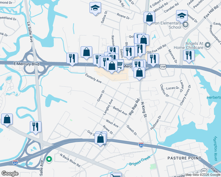 map of restaurants, bars, coffee shops, grocery stores, and more near 1217 Easterly Avenue in Hampton