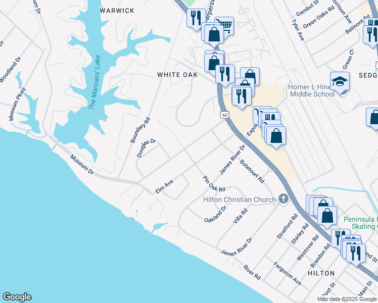 map of restaurants, bars, coffee shops, grocery stores, and more near 40 Cedar Lane in Newport News