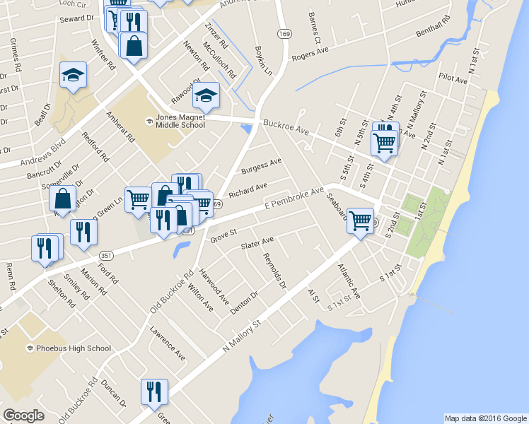 map of restaurants, bars, coffee shops, grocery stores, and more near 2104 East Pembroke Avenue in Hampton