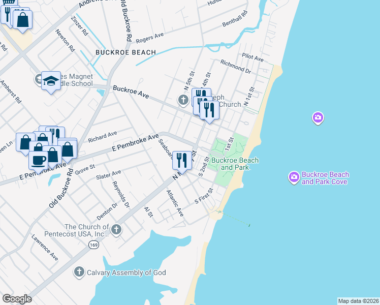 map of restaurants, bars, coffee shops, grocery stores, and more near 1821 North Mallory Street in Hampton