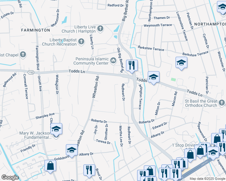 map of restaurants, bars, coffee shops, grocery stores, and more near 487 Harwin Drive in Hampton