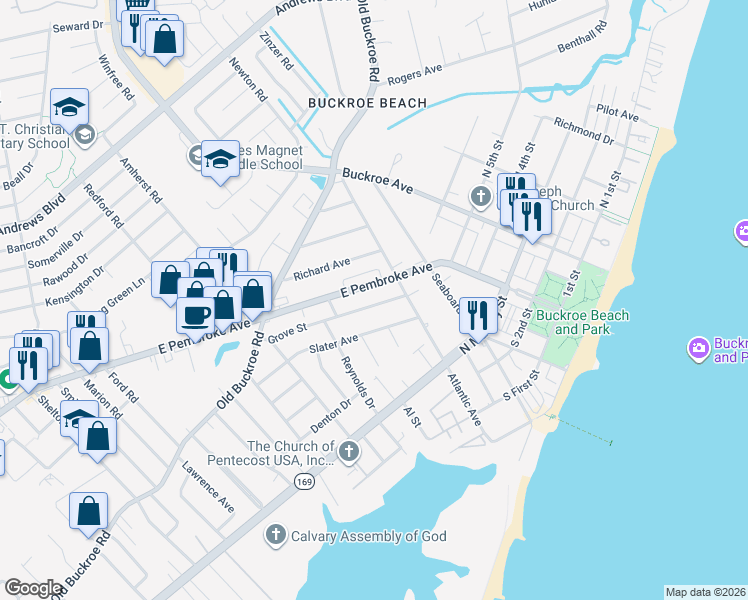 map of restaurants, bars, coffee shops, grocery stores, and more near 706 Grove Street in Hampton
