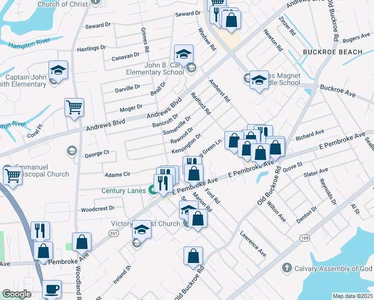 map of restaurants, bars, coffee shops, grocery stores, and more near 708 Levingston Drive in Hampton