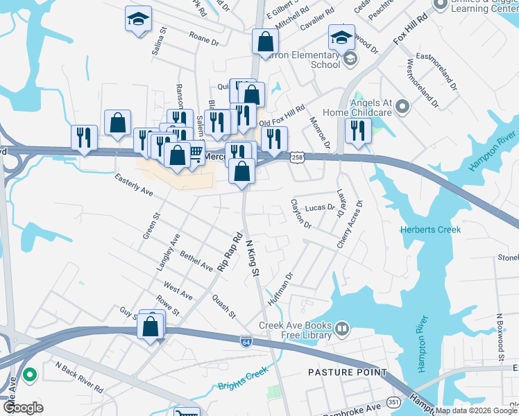 map of restaurants, bars, coffee shops, grocery stores, and more near 12 Valor Place in Hampton