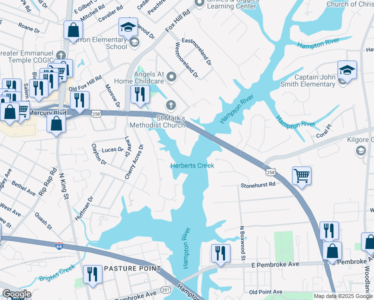 map of restaurants, bars, coffee shops, grocery stores, and more near 12 Tomahawk Road in Hampton