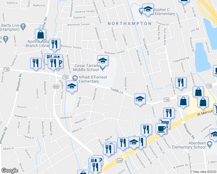 map of restaurants, bars, coffee shops, grocery stores, and more near 1461 Todds Lane in Hampton