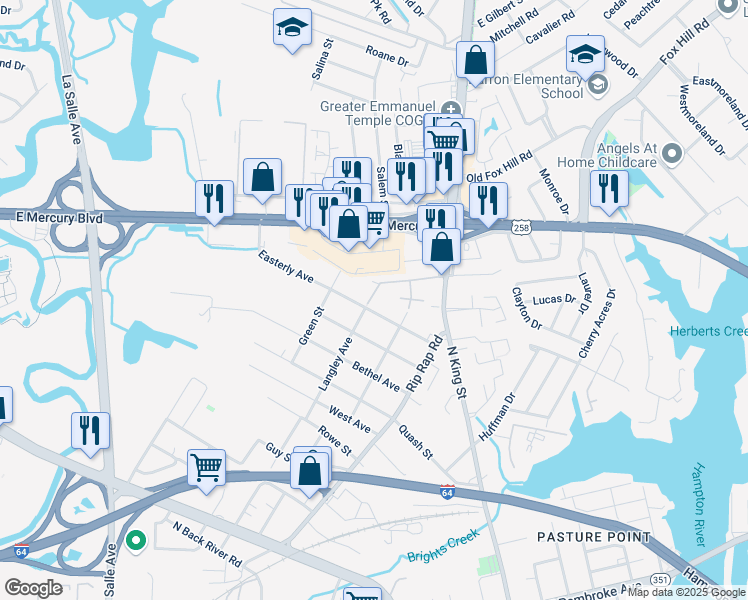 map of restaurants, bars, coffee shops, grocery stores, and more near 185 Langley Avenue in Hampton