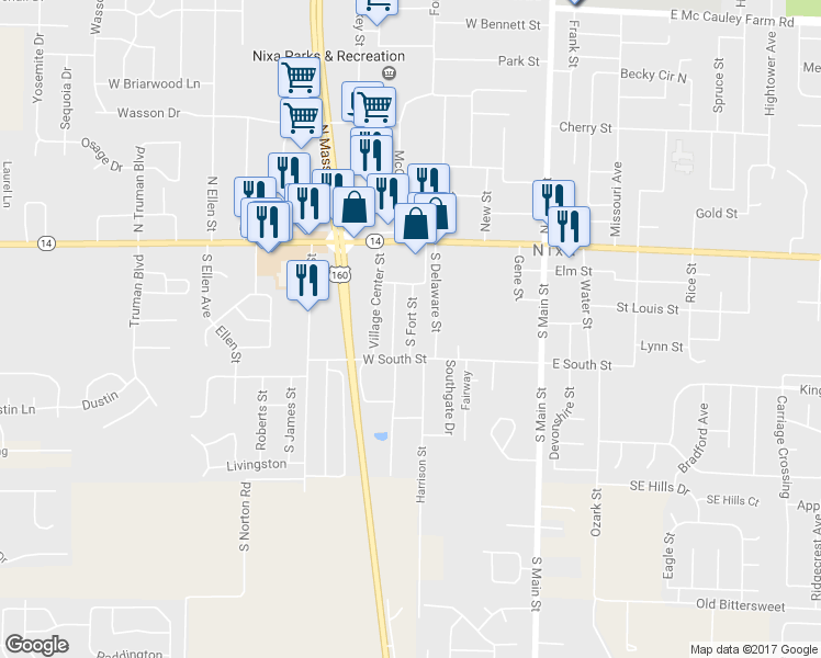 map of restaurants, bars, coffee shops, grocery stores, and more near 209 Fort Street in Nixa