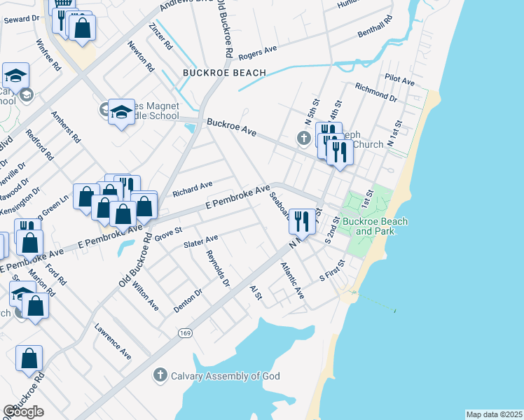 map of restaurants, bars, coffee shops, grocery stores, and more near 340 Atlantic Avenue in Hampton