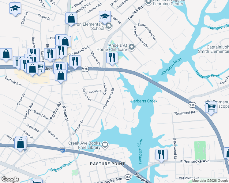 map of restaurants, bars, coffee shops, grocery stores, and more near 32 Cherry Acres Drive in Hampton