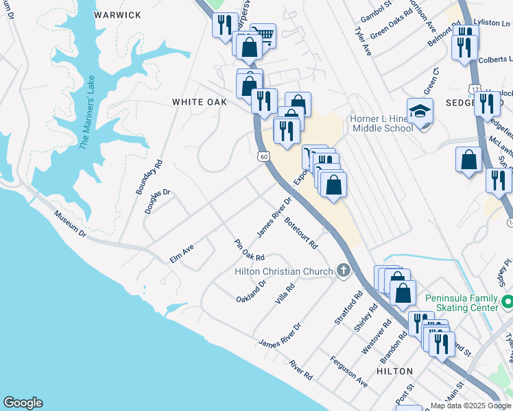 map of restaurants, bars, coffee shops, grocery stores, and more near 54 Elm Avenue in Newport News
