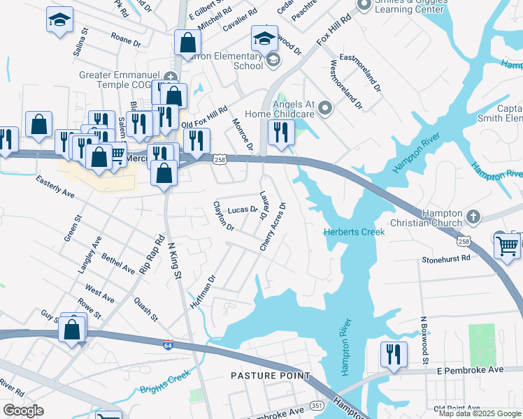 map of restaurants, bars, coffee shops, grocery stores, and more near 31 Laurel Drive in Hampton