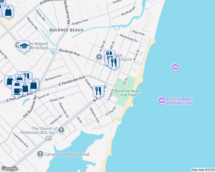map of restaurants, bars, coffee shops, grocery stores, and more near 1821 North Mallory Street in Hampton