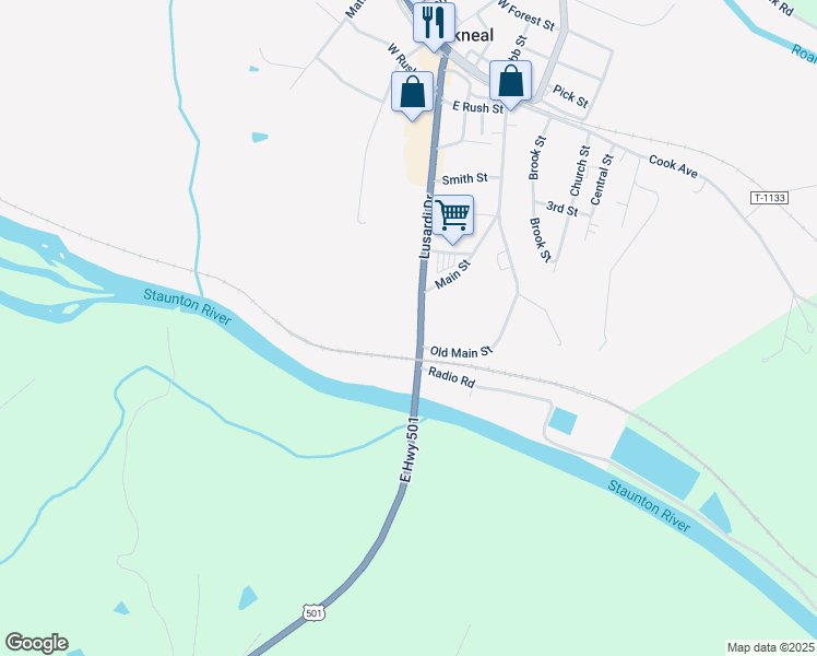 map of restaurants, bars, coffee shops, grocery stores, and more near 452 Lusardi Drive in Brookneal