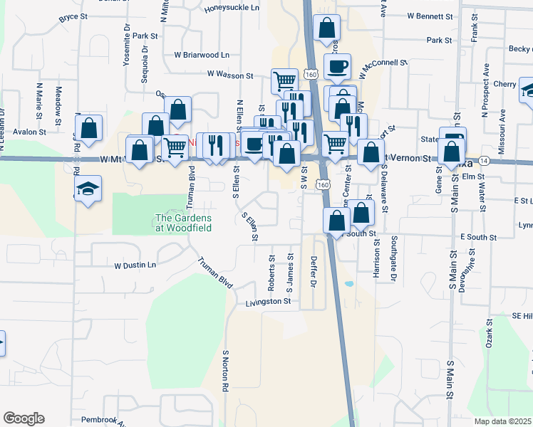 map of restaurants, bars, coffee shops, grocery stores, and more near 604 Dover Street in Nixa