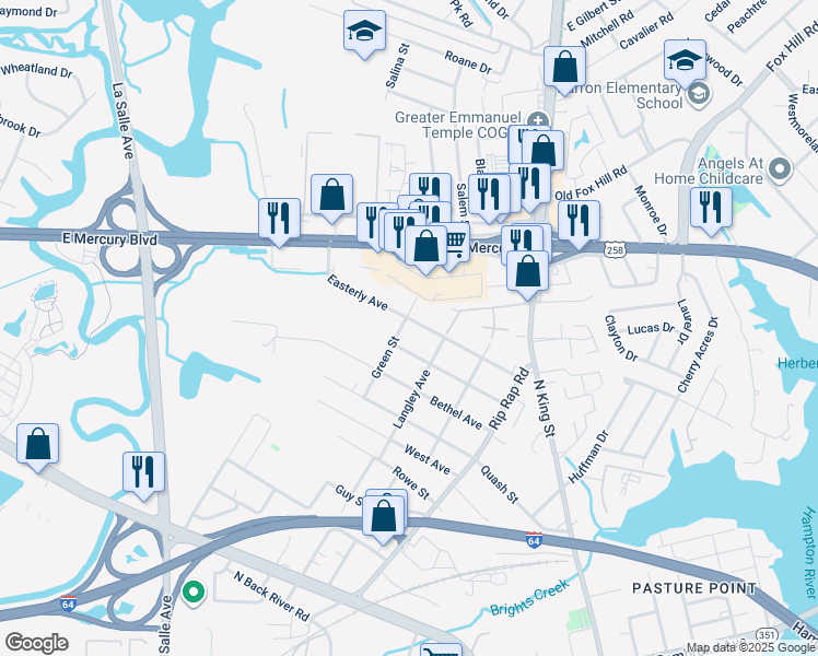 map of restaurants, bars, coffee shops, grocery stores, and more near 1219 Easterly Avenue in Hampton